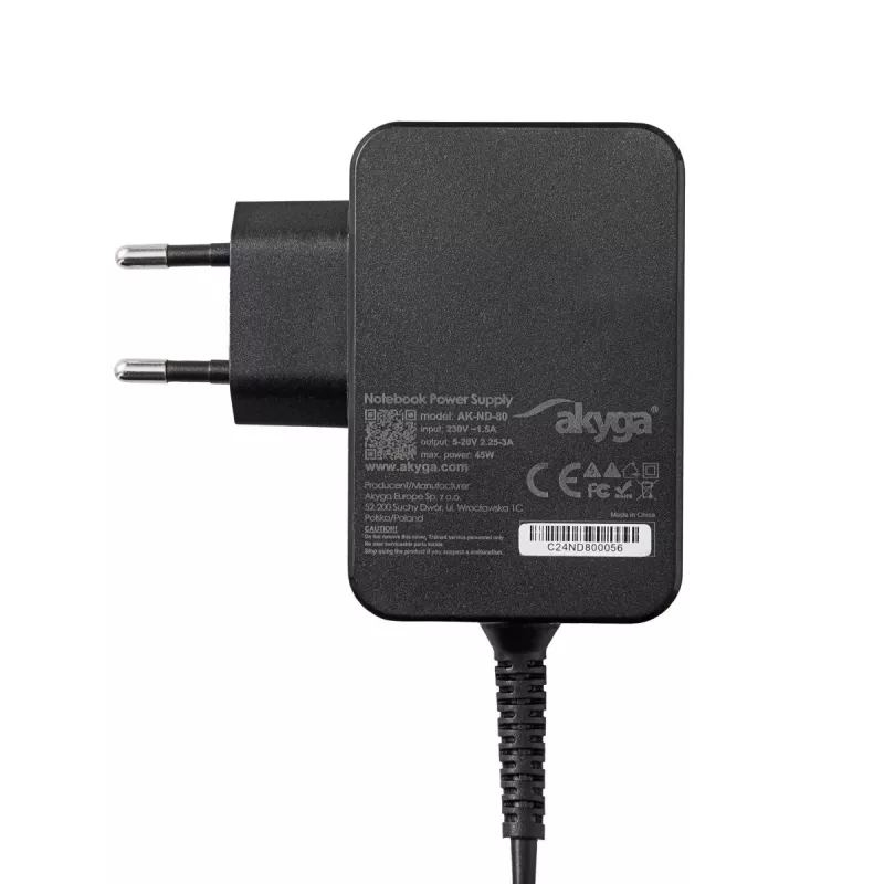 Akyga AK-ND-81 USB-C GaN napájací zdroj pre notebook 65 W, PD 3.0, 5–20 V, 1,8 m kábel, čierny