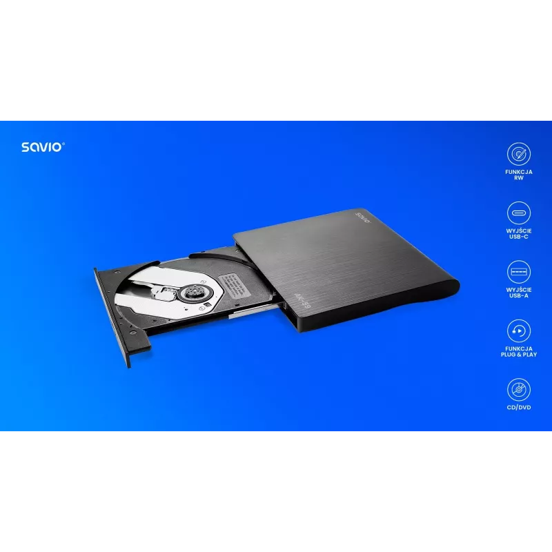SAVIO AK-59 externá štíhla CD/DVD vypaľovačka R/RW - USB-C/USB-A, čierna