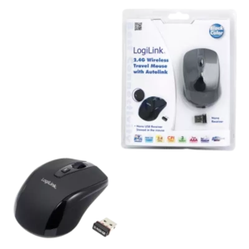 LogiLink myš optická bezdrôtová 2,4 GHz Mini - myš - optická - 3 tlačidlá - bezdrôtová - 2,4 GHz - bezdrôtový prijímač (USB) - čierna (ID0031)