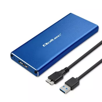 Puzdro na SSD QOLTEC 51832 — externé M.2 SATA, USB 3.0, až do 2 TB, modré, podporuje 30 mm disky, 4 sloty