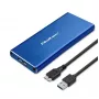 Puzdro na SSD QOLTEC 51832 — externé M.2 SATA, USB 3.0, až do 2 TB, modré, podporuje 30 mm disky, 4 sloty