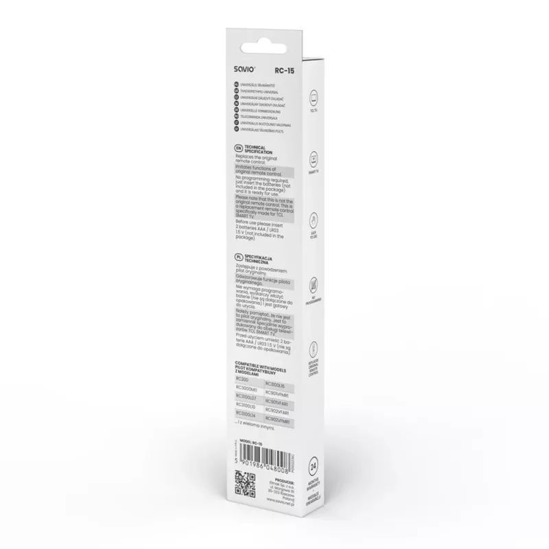 SAVIO univerzálny diaľkový ovládač RC-15 pre TCL SMART TV, IR Wireless, čierny, dosah 10 m