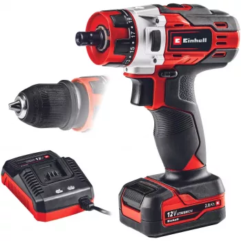 Einhell TE-CD 1. Produktový dizajn: ručná vŕtačka, typ skľučovadla: bez kľúča. Počet prevodových stupňov: 2, 20, voľnobežné otáčky (max.): 1400 ot/min, vŕtanie