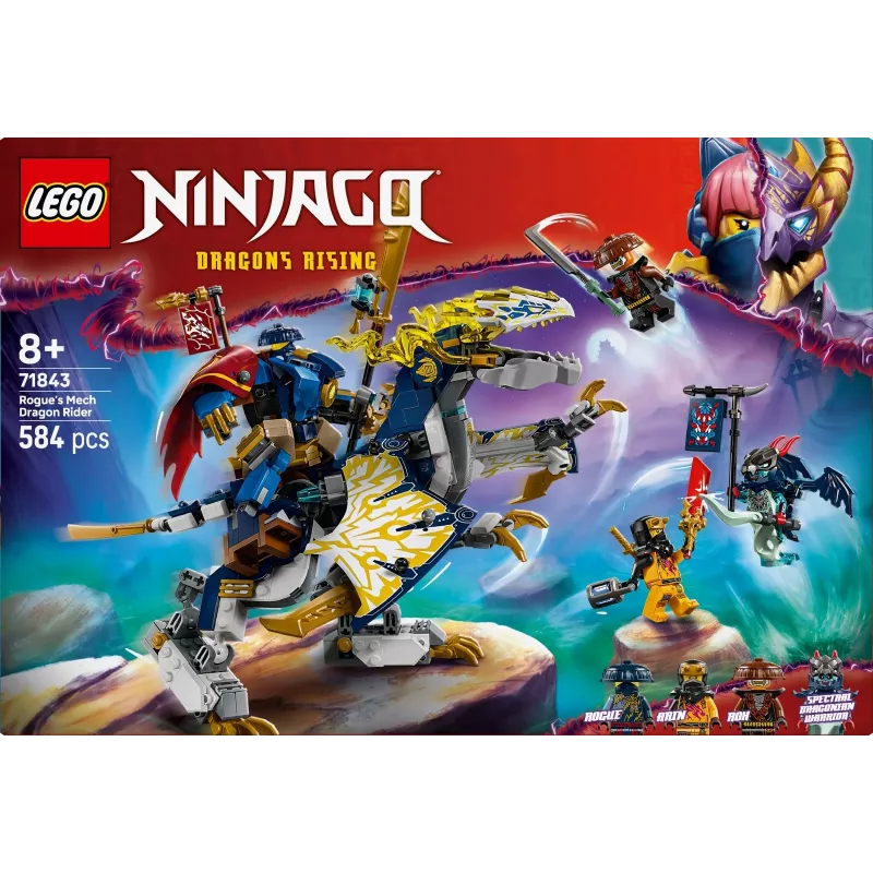 LEGO NINJAGO set 71843 Rogue’s Mech Dragon Rider — 584 dielov, 4 minifigúrky, výška modelu 190 mm