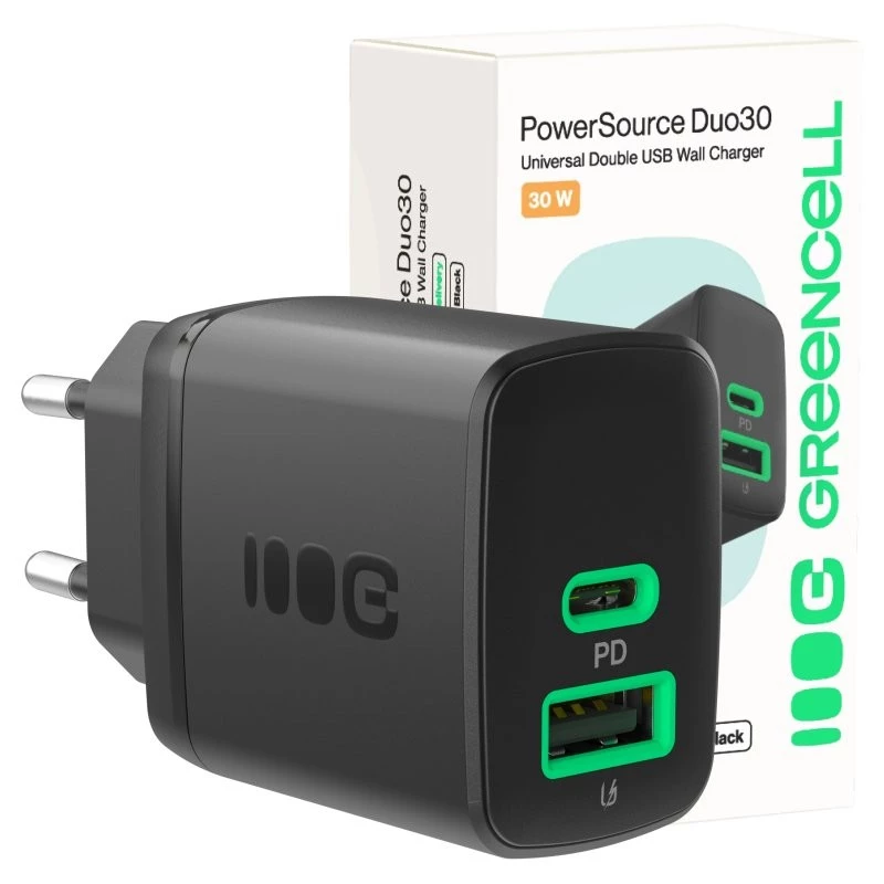 Nabíjačka Green Cell PowerSource Duo30 – 1× USB-A, 1× USB-C, 3A