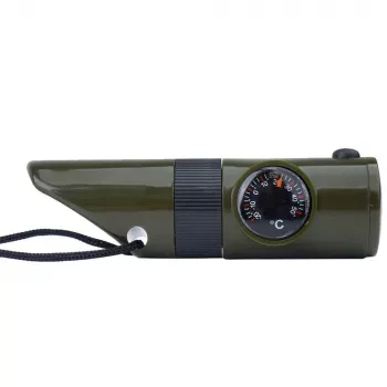 Multifunkčná survival píšťalka Mil-Tec SP.22073 — 6-in-1 oliv, kompas, teplomer, zrkadlo, lupa, svetlo, 100×35×30 mm