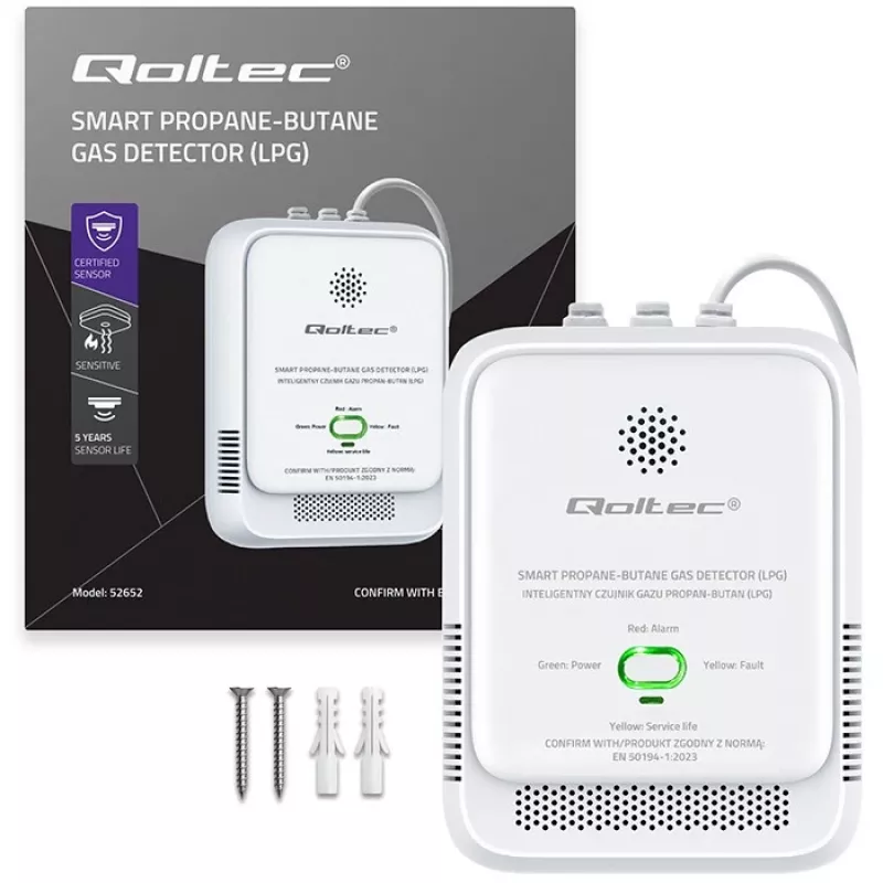 Senzor úniku plynu QOLTEC 52652 — detektor propán/bután (LPG), alarm 85 dB, LED indikátor