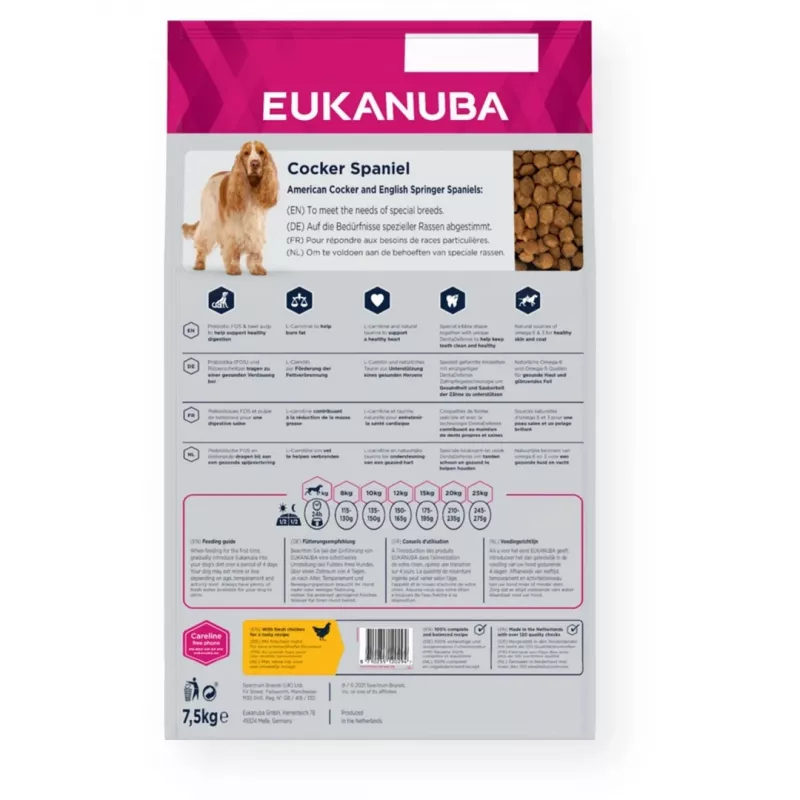 Suché krmivo pre psov EUKANUBA Breed Specific Cocker Spaniel 7,5 kg — kuracie, dospelé psy, koža a srsť, podpora srdca