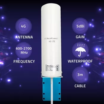 Vonkajšia omnidirekčná 4G LTE anténa QOLTEC 57044, 5 dBi, 600–2700 MHz, 50 W, 50 Ω, biele medené puzdro