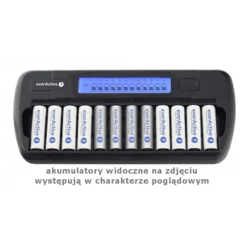 Nabíjačka batérií everActive NC-1200 – univerzálna 12-násobná nabíjačka pre AA/AAA, vstup 12 V, čierna
