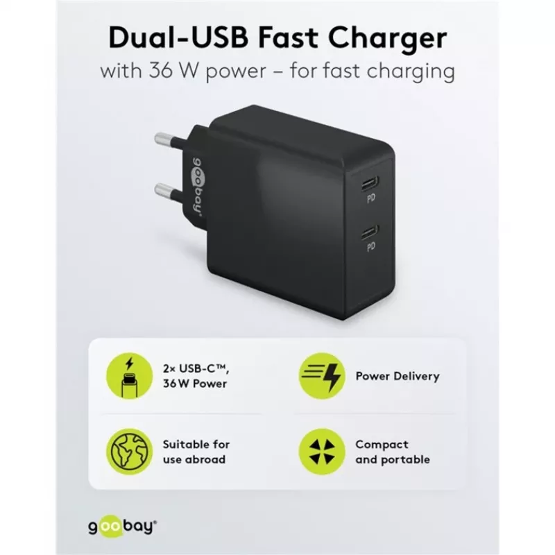 Interiérová nabíjačka Goobay 61757 rýchle nabíjanie USB Type-C 2 porty čierna