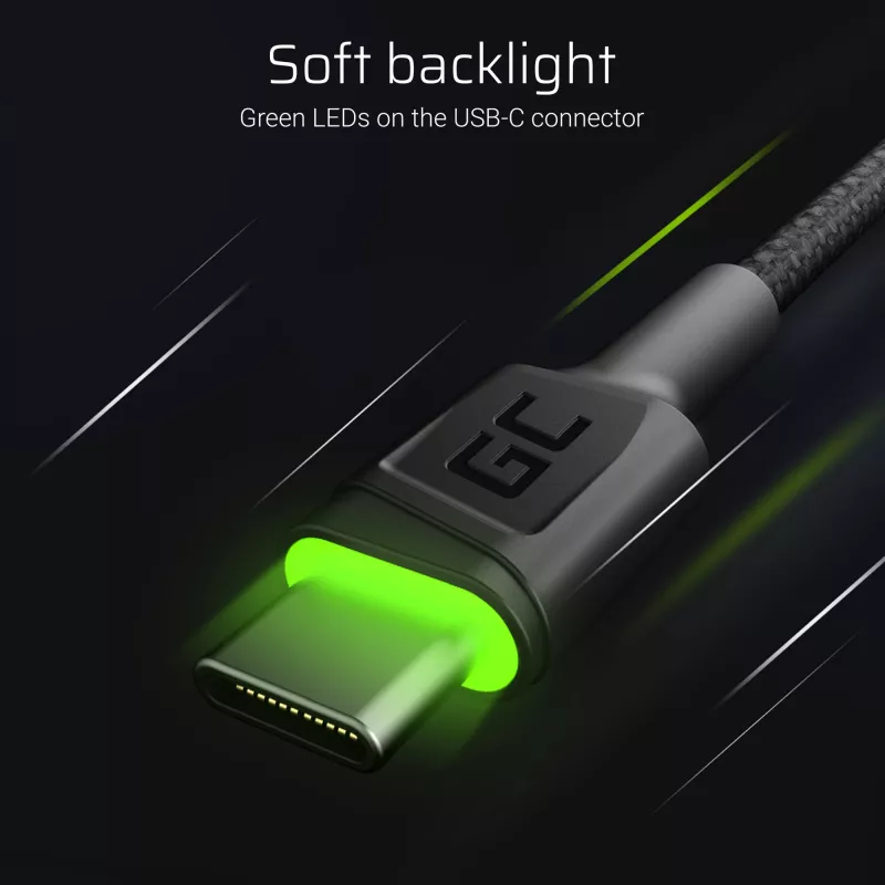 Green Cell Ray KABGCSET02 sada káblov USB-A na USB-C (3 ks), 1,2 m, 480 Mb/s, zelené LED podsvietenie