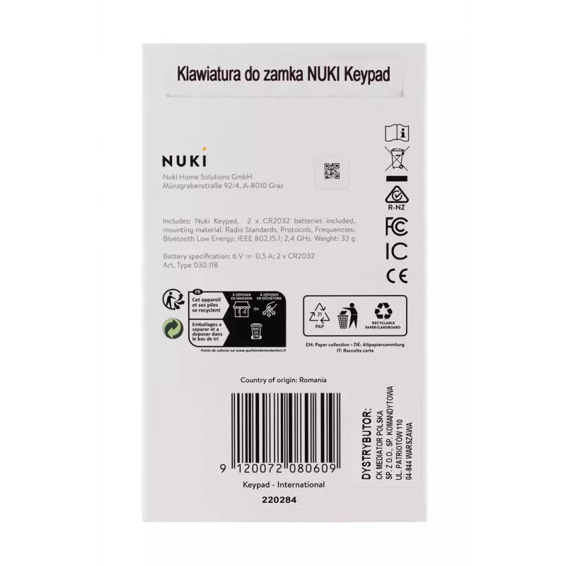 Smart zámok NUKI — Bluetooth (5.0) IP65 kódový zámok CR2032 batérie sú súčasťou