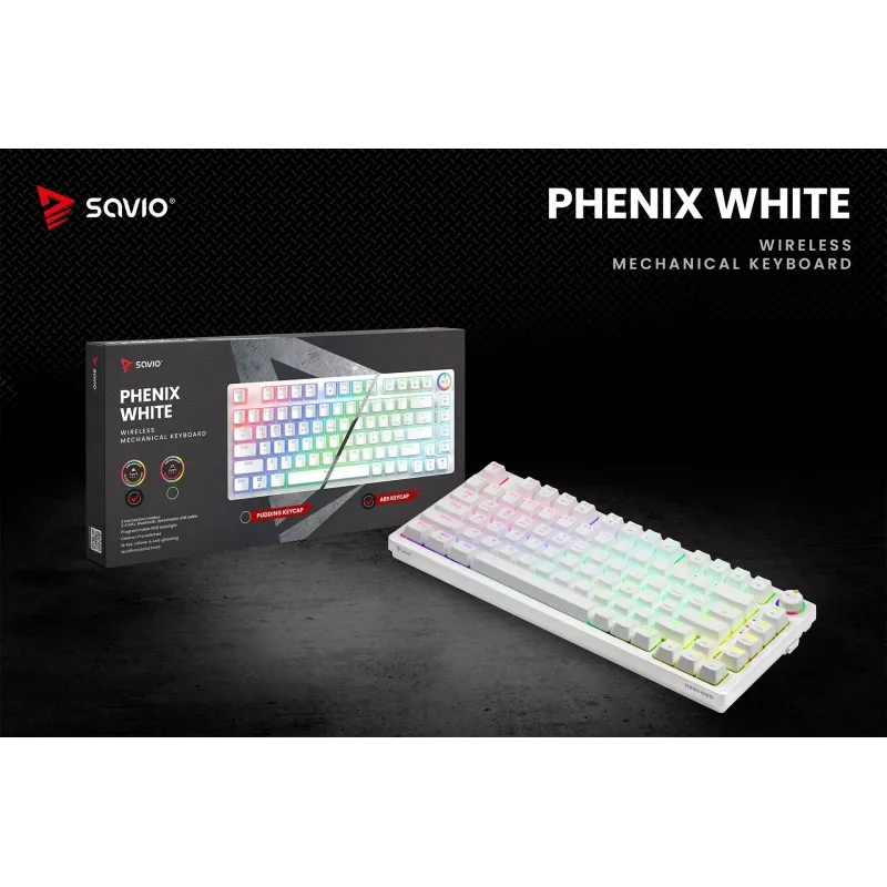 SAVIO PHENIX WHITE bezdrôtová mechanická klávesnica, Gateron Red Pro, ABS
