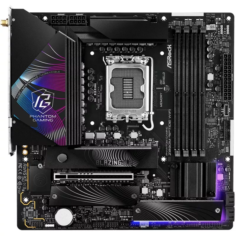 ASRock Phantom Gaming Z890M Riptide WiFi základná doska, Intel Z890, LGA1851, micro ATX, DDR5, do 256 GB, Wi-Fi 6E, Bluetooth, 5GbE LAN, USB4
