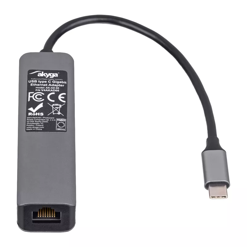 Akyga AK-AD-66 USB-C hub s 3x USB 3.0 a Gigabit Ethernet, 15 cm, čierny
