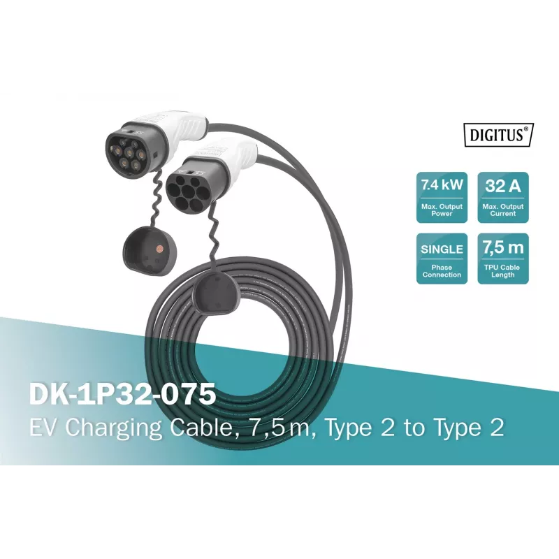 Nabíjací kábel EV Digitus 7,5 m Type 2 na Type 2 32 A 240 V