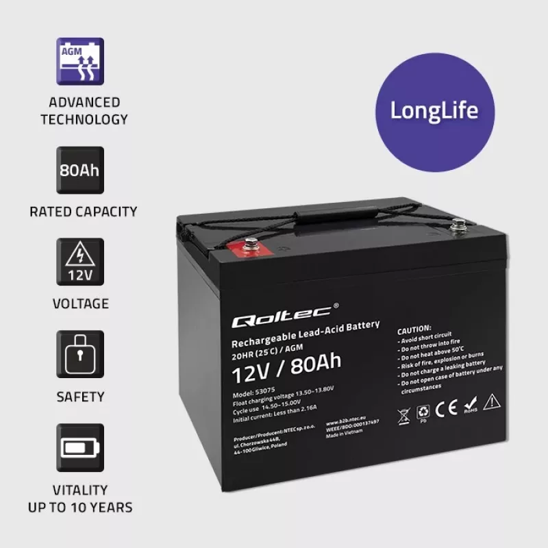 Qoltec Akumulátor AGM | 12V | 80Ah | 23,5kg | Bezúdržbový | Výkonný | LongLife | pre UPS, karavan, loď, pec