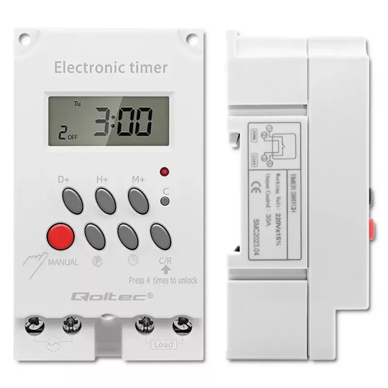 Elektronický časový spínač na DIN lištu QOLTEC PC0629 — napájanie 24V, výstup 16A
