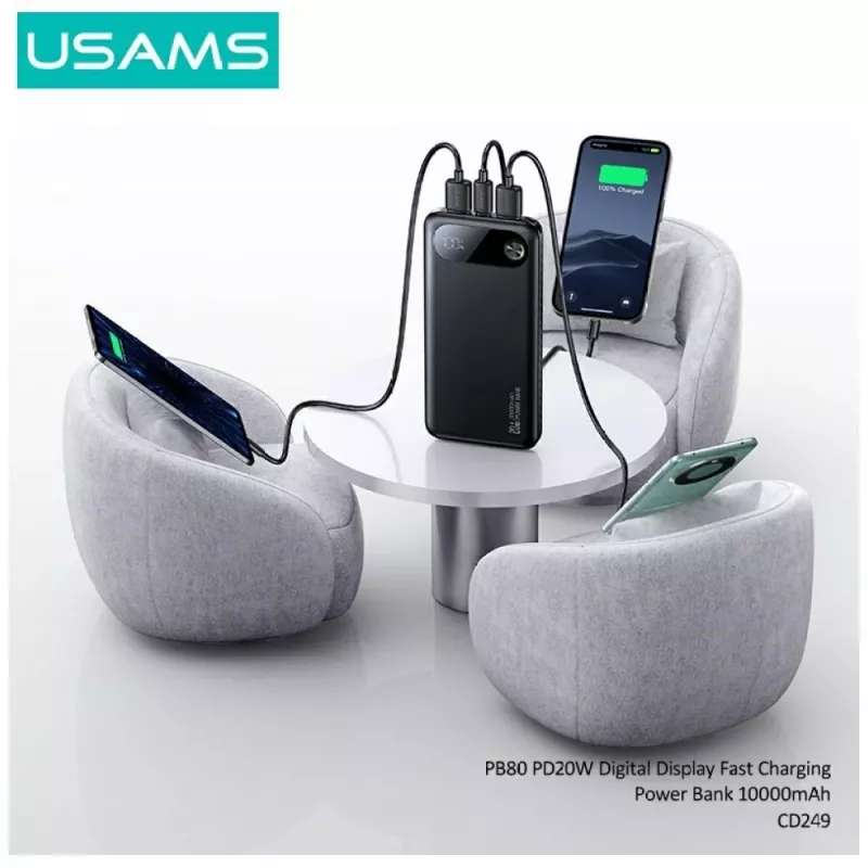 Powerbanka usams PB80 PD20W 10000mAh — prenosná nabíjačka, čierna