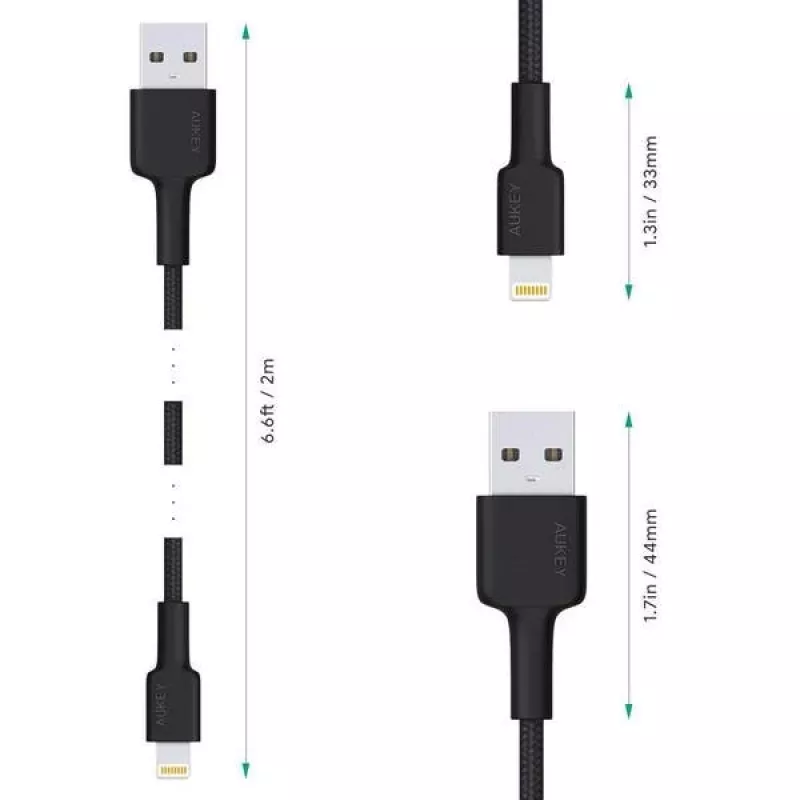 AUKEY CB-AL05 nylonový kábel Lightning na USB-A MFi, 2 m, čierny