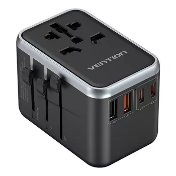 Vention cestovný adaptér FJFB0 65W — 2× USB-C PD/PPS, 2× USB-A (QC/BC), HDMI výstup, hliník/čierna