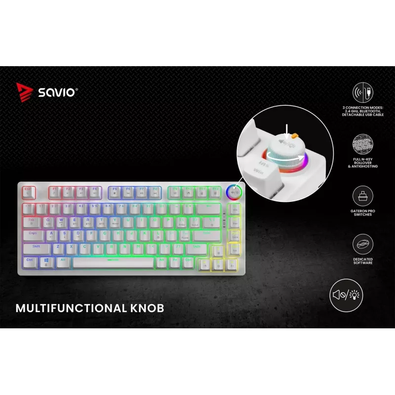 SAVIO PHENIX WHITE bezdrôtová mechanická klávesnica, Gateron Red Pro, ABS