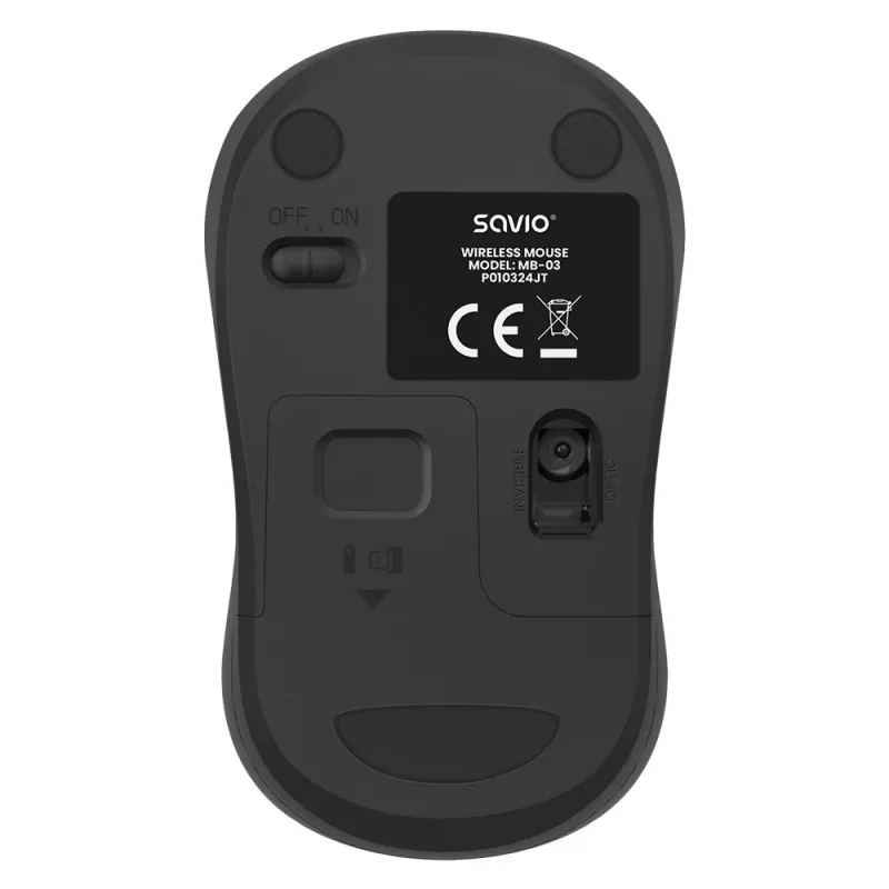 Savio MB-03 bezdrôtová optická myš, USB prijímač 2,4 GHz, 1000 DPI, 3 tlačidlá, batéria AA, 99x60x39 mm, 51 g, čierna