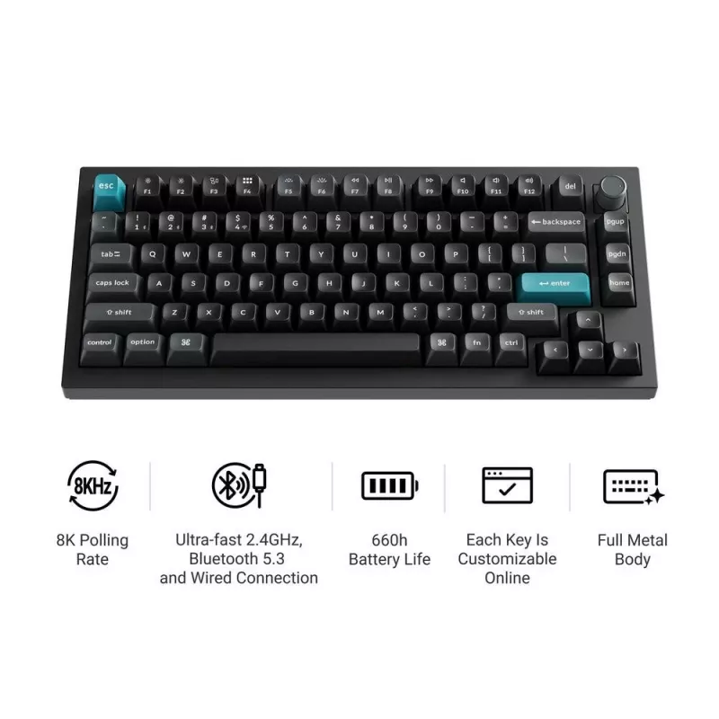 Mechanická 75% klávesnica Keychron Q1 Ultra 8K – USB + RF bezdrôtová + Bluetooth, RGB, čierna