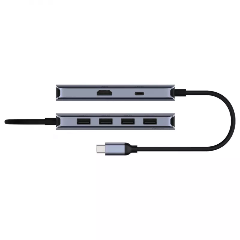 USB-C hub Cudy UH500 — USB 3.2 Gen 1 Type-C host, 6 portov s USB 3.2 Gen 1 Type-A a HDMI, 5000 Mbit/s, sivý/strieborný
