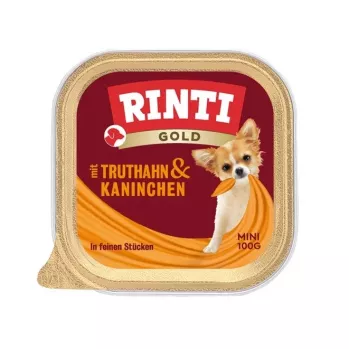 Mokré krmivo pre psov RINTI Gold Mini — moriak s králikom, kompletné krmivo, 100 g miska, pre malé dospelé psy (5–10 kg)