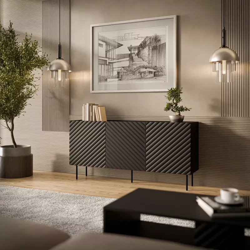 Komoda Cama Meble LUCCA 3D 165x40x80 cm, čierna, korpus z drevotriesky