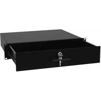 Rack zásuvka so zámkom Omnitronic 2U – model 30100952, predná úložná kovová zásuvka pre 19-palcové racky
