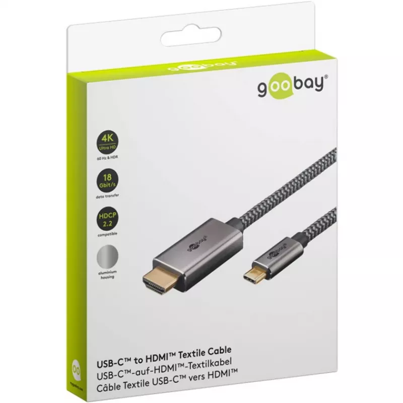 USB pletený adaptérový kábel, USB-C konektor samec > HDMI konektor samec, 4K / 60 Hz (čierna/strieborná, 2 metre)