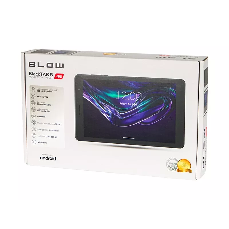 BLOW BlackTAB8 79-071 tablet, 8-palcový IPS 1280×800, 3 GB RAM, 32 GB, 4G LTE, Android 14, microSD, čierny