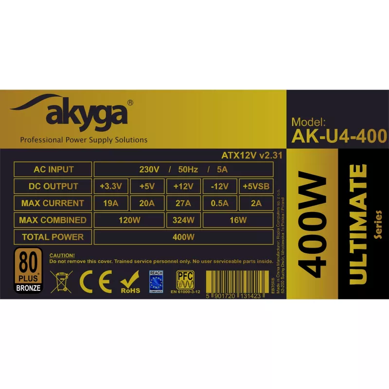 Akyga AK-U4-400 Ultimate 400 W ATX napájací zdroj, 80 PLUS Bronze, aktívne PFC, 120 mm ventilátor
