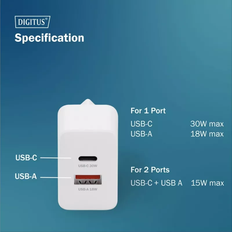 AC Indoor USB GaN nabíjačka DIGITUS DA-10301 — 30W, 1× USB-C, 1× USB-A, 100–240V, biela