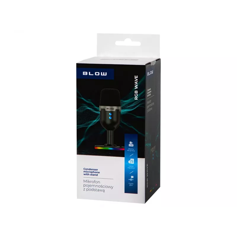 Štúdiový mikrofón BLOW so stojanom s LED — káblový USB 2.0, 20–16000 Hz, citlivosť -50 dB, 237 g