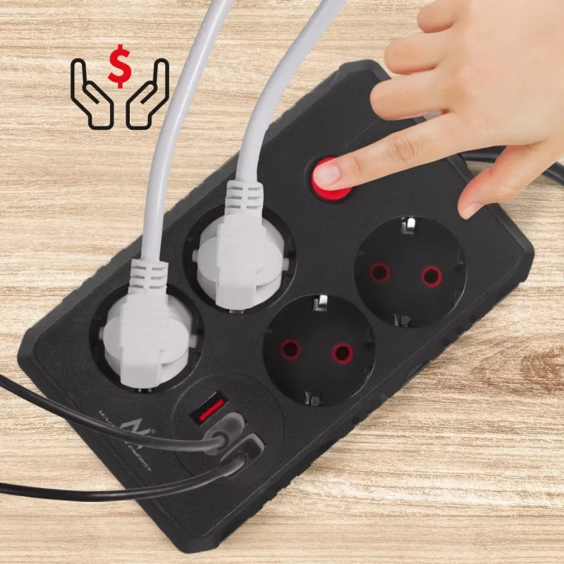 Predlžovacia zásuvka MACLEAN MCE393 B — 4 zásuvky, 3×USB, 110–240 V, 2500 W, 3 m kábel, čierna