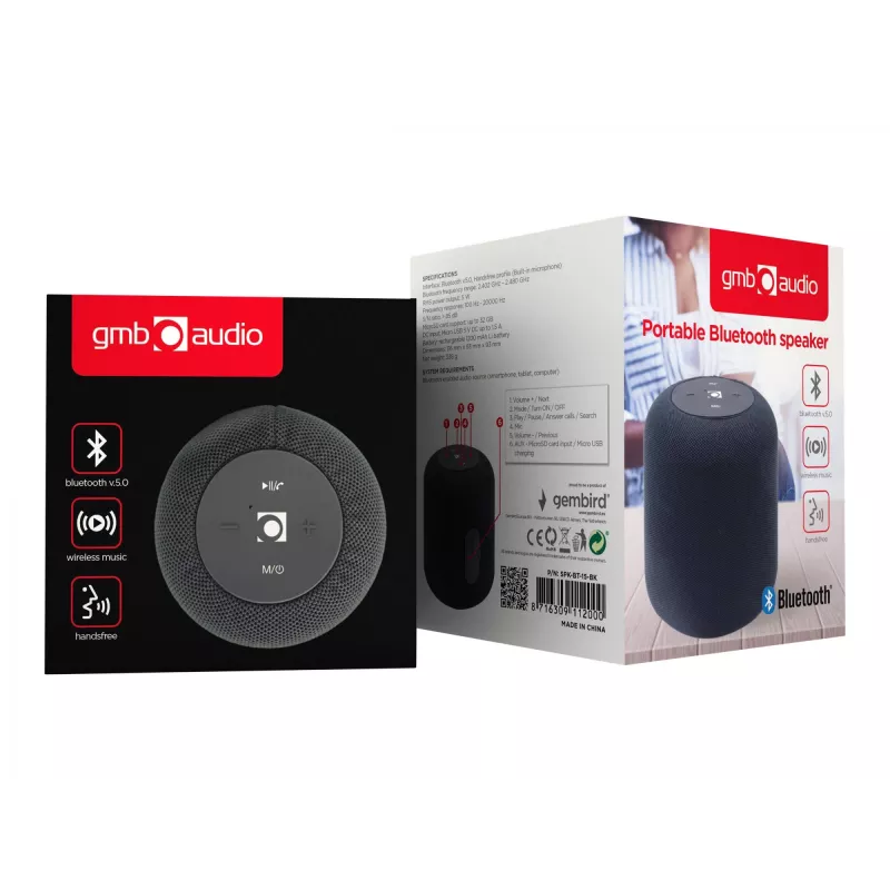 Mono prenosný reproduktor Gembird SPK-BT-15-BK — 5 W RMS, Bluetooth, microSD, 1200 mAh, čierny
