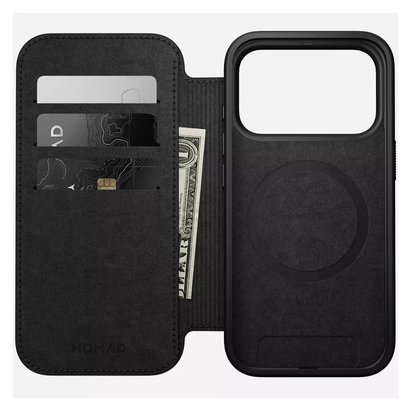 Kožené puzdro na telefón Nomad Modern Leather Folio pre iPhone 17 Pro, 16 cm (6,3 inch), čierna, 4 priehradky na karty