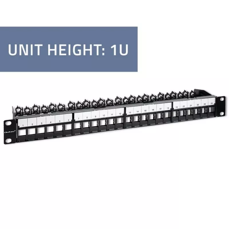 Qoltec 54516 patch panel pre 19-palcový rack, 24 portov, 1U, UTP, čierny