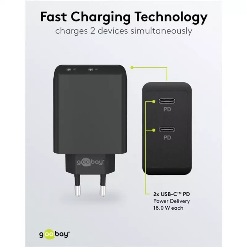 Interiérová nabíjačka Goobay 61757 rýchle nabíjanie USB Type-C 2 porty čierna