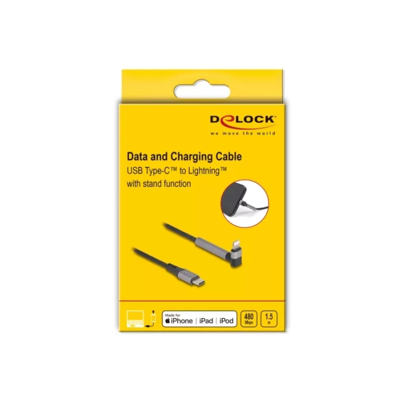 USB Type-C na Lightning nabíjací a dátový kábel s uhlovým konektorom a funkciou stojana, DELOCK 1,5 m, 9 V 3 A (MFi)