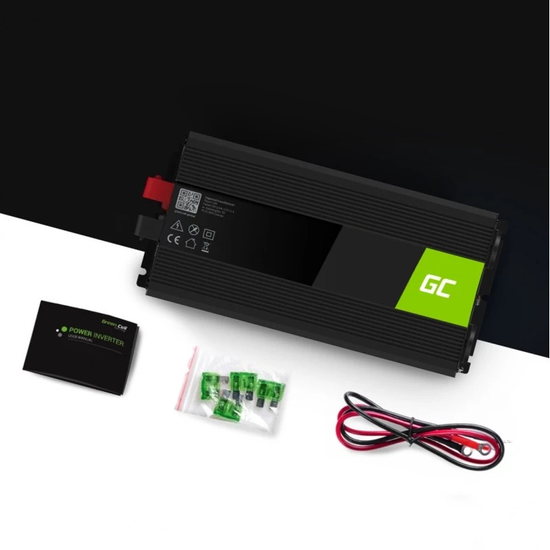 Invertor napájací adaptér Green Cell INV25, 1500 W, 12 V DC na 230 V AC, 50 Hz, 1× USB, čierny