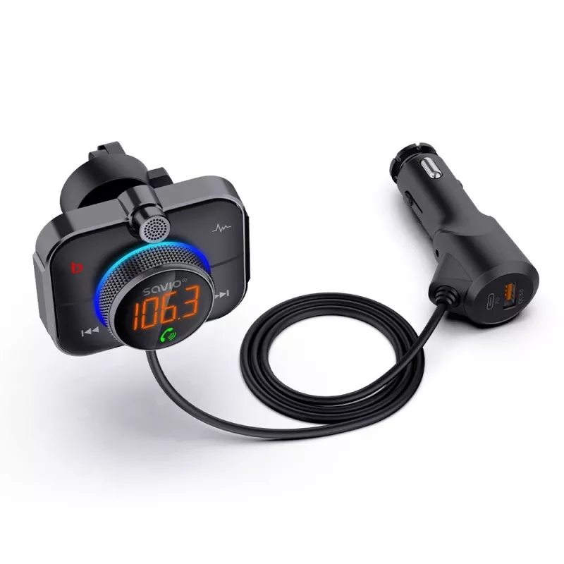 FM vysielač SAVIO TR-14 Bluetooth USB, FM 87,6–107,9 MHz, MicroSD, USB-C, 12 V napájanie z auta
