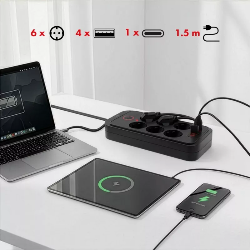 Predlžovacia zásuvka MACLEAN MCE389 B — 6 zásuviek, 4×USB-A + 1×USB-C, 110–240V, 2,1A, 2500W, 1,5 m kábel, čierna