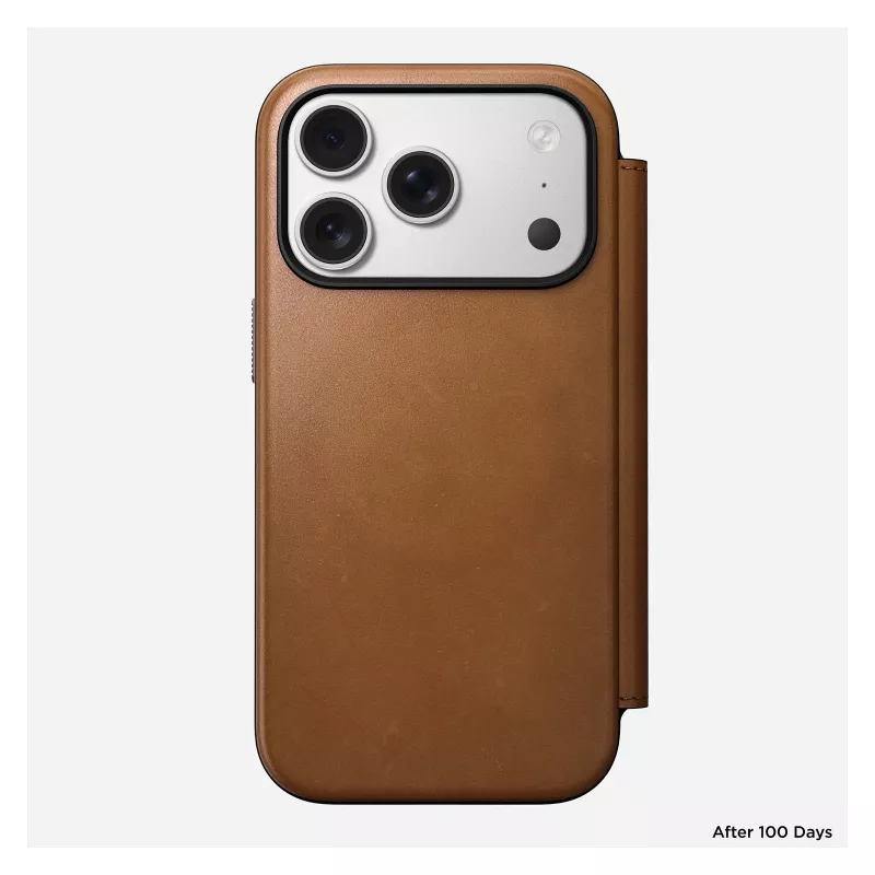 Folio puzdro Nomad Modern Leather Folio pre iPhone 17 Pro, koža + hliník, 6,3 palcov (16 cm), Tan, 3 priehradky na karty