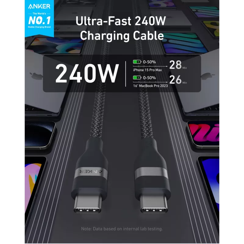USB-C na USB-C kábel Anker A82E2 — USB 2.0, 1,8 m, čierny