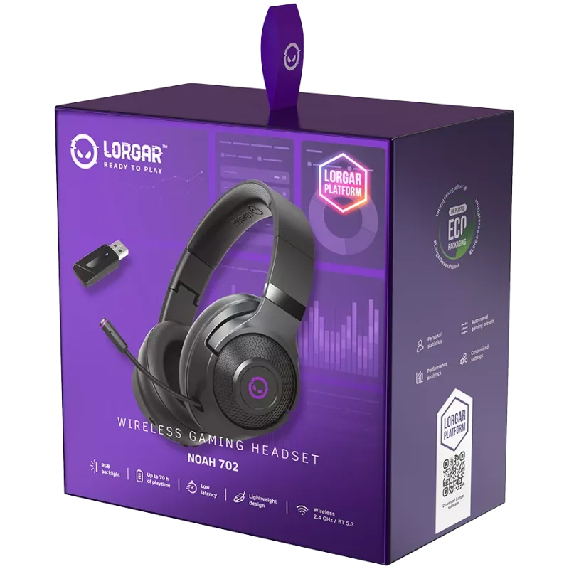 Lorgar Noah 702 (LRG-GHS702) bezdrôtový herný headset, Bluetooth 5.3, USB prijímač, 3,5 mm AUX, 40 mm meniče, 1000 mAh, RGB, čierny